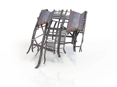 Rusted Metal Agricultural Equipment Structure With Worn Frames And Wooden Planks 3d model