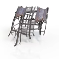Rusted Metal Agricultural Equipment Structure With Worn Frames And Wooden Planks