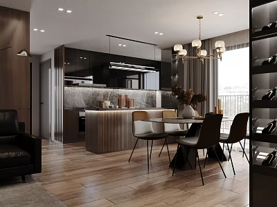 Open Concept Living Dining Room Interior Design With Kitchen Cabinets Dining Table Chairs and Chandelier 3d model