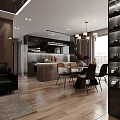 Open Concept Living Dining Room Interior Design With Kitchen Cabinets Dining Table Chairs and Chandelier