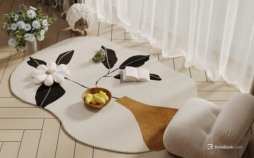 Square Carpet With Black Leaves White Flowers And Open Book Fruit Bowl Small Plant 3d model 