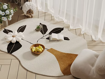 Square Carpet With Black Leaves White Flowers And Open Book Fruit Bowl Small Plant 3d model