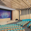 Spacious Auditorium Interior With Red Blue Seats Stage Piano Large Screen And Striped Wooden Walls