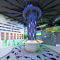 Dinosaur Themed Exhibition Area With White Central Stand Blue Decor And Footprints