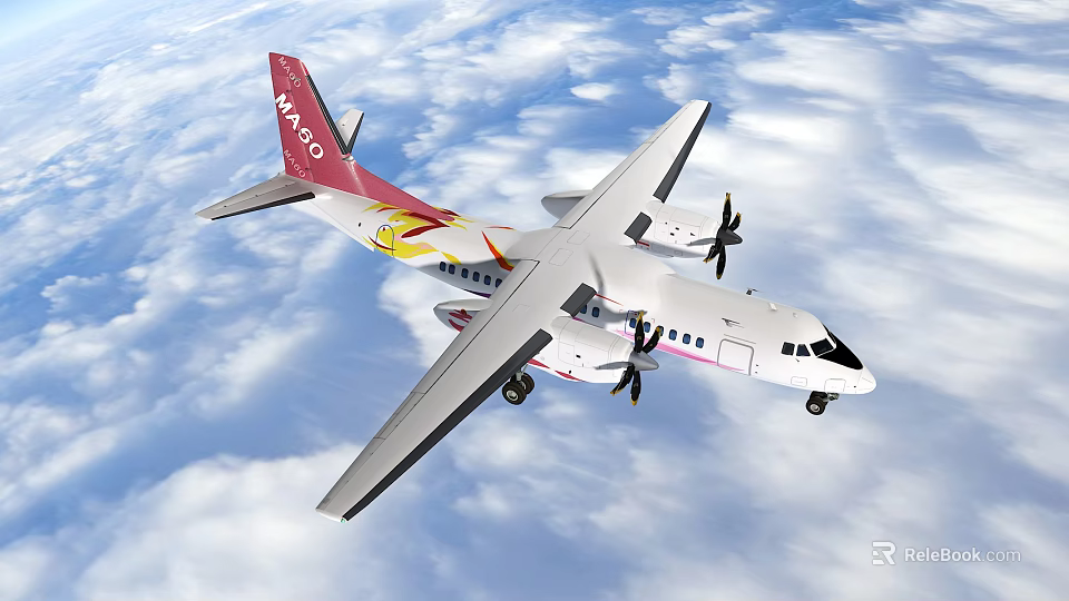 MASwings Passenger Plane Flying With Propellers Red Tail Design In Blue Sky Clouds 3d model 