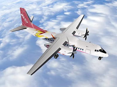 MASwings Passenger Plane Flying With Propellers Red Tail Design In Blue Sky Clouds 3d model