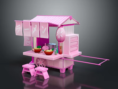 Pink Food Cart Stall With Bowls Dishes Flags And Stools For Street Food 3d model