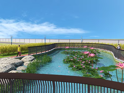 Park Landscape With Lotus Pond Walking Path Railing And Greenery Under Blue Sky 3d model