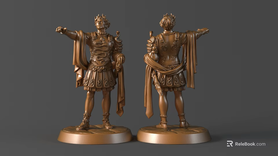 Bronze Roman Style Figure Sculptures With Outstretched Arm Armor Cloak And Pedestal Base 3d model 