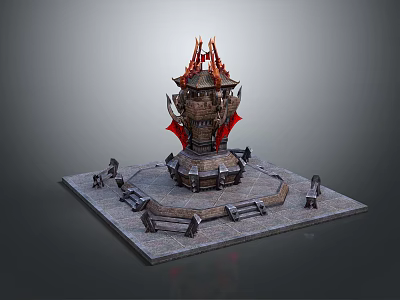 Ornate Ancient Stone Tower With Flame Decorations Square Platform Steps And Statues 3d model