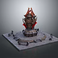 Ornate Ancient Stone Tower With Flame Decorations Square Platform Steps And Statues
