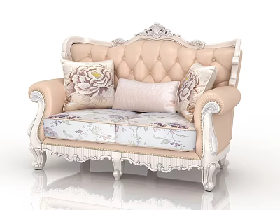 Elegant Classical Two Seater Sofa With Tufted Backrest And Floral Pillows 3d model