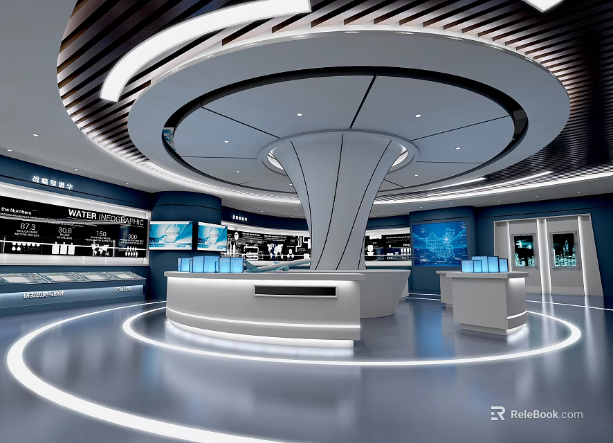 Modern Exhibition Hall Interior With Circular Display Platform Screens And Illuminated Floor Lines 3d model 