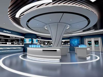 Modern Exhibition Hall Interior With Circular Display Platform Screens And Illuminated Floor Lines 3d model