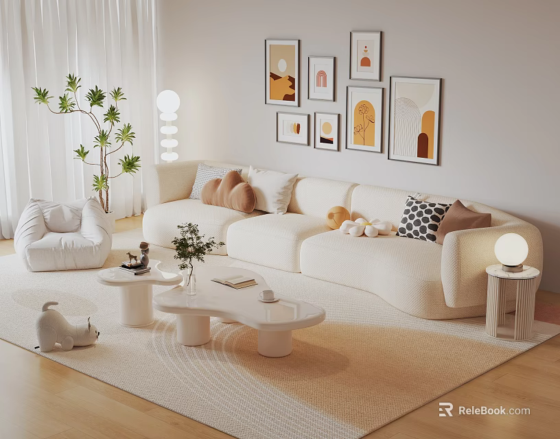Modern Cozy Living Room Sofa Coffee Table Set With Throw Pillows Decorative Artworks And Floor Lamp 3d model 