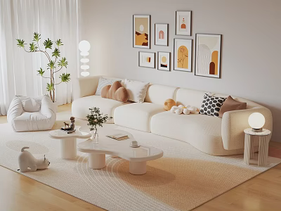 Modern Cozy Living Room Sofa Coffee Table Set With Throw Pillows Decorative Artworks And Floor Lamp 3d model