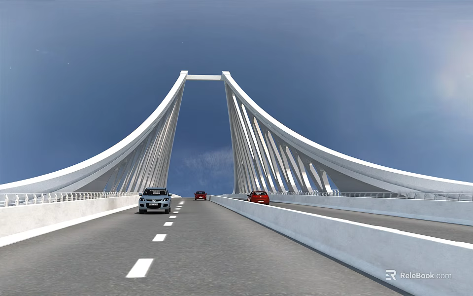 Modern White Cable Stayed Bridge With Cars Driving On Road Under Clear Blue Sky 3d model 