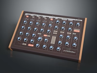 Polyphonic Household Control Panel With Brown Case And Multiple Blue Knobs 3d model