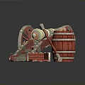 Vintage Military Cannon Display With Wooden Barrel Cannonballs And Crate On Red Planks