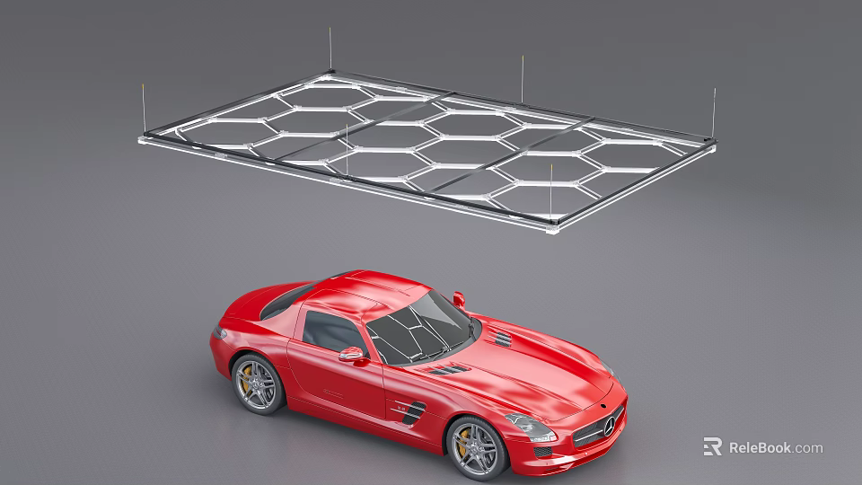 Modern Unique Shaped Pendant Light With Hexagonal Grid Design Above Red Sports Car 3d model 