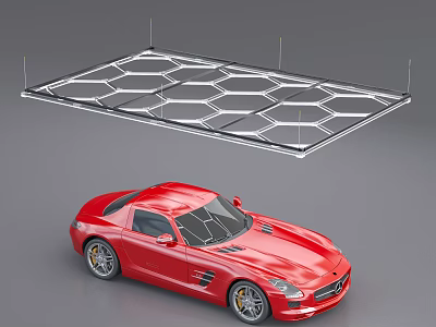 Modern Unique Shaped Pendant Light With Hexagonal Grid Design Above Red Sports Car 3d model