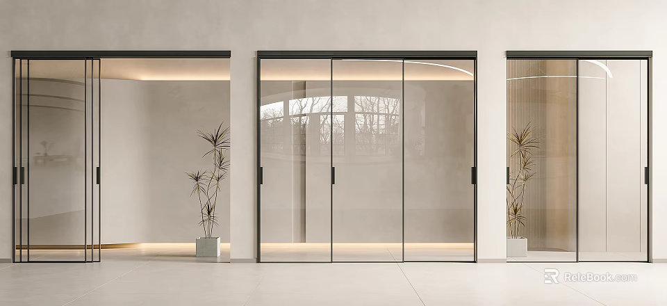 Bright Modern Interior Featuring Transparent Glass Sliding Doors With Black Frames And Potted Plants 3d model 