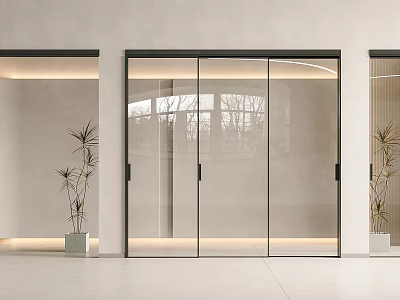 Bright Modern Interior Featuring Transparent Glass Sliding Doors With Black Frames And Potted Plants 3d model