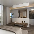 Hotel Guest Room With King Bed Wooden Bench Floor To Ceiling Windows And Scenic View