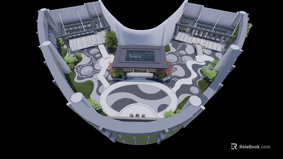 Modern Roof Garden Architectural Design With Circular Pathways And Central Pavilion 3d model 
