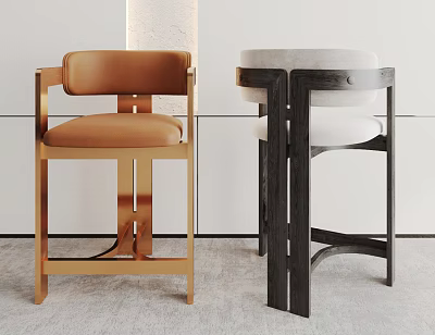 Modern Bar Stools With Brown White Seats And Gold Dark Metal Frames In Interior 3d model