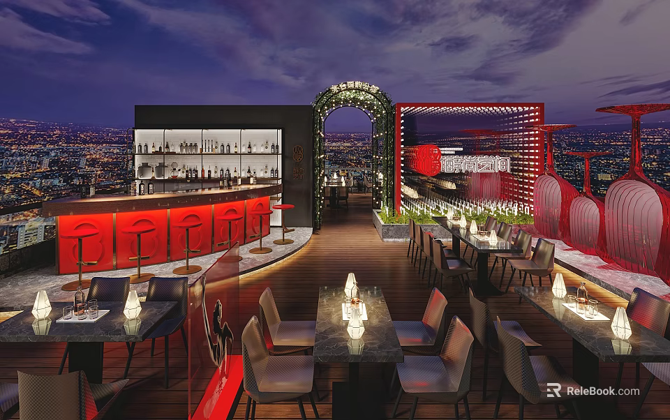 Elegant Rooftop Bar With Night Cityscape Bar Counter And Dining Tables 3d model 