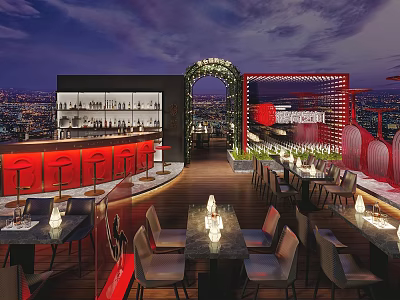 Elegant Rooftop Bar With Night Cityscape Bar Counter And Dining Tables 3d model