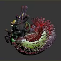Colorful Spiky Creatures With Red Green Hues And Tentacles In Artistic Display Arrangement