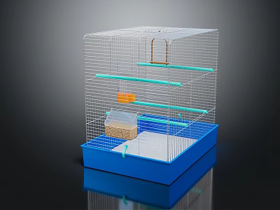 Decorative Birdcage Accessories Set With Blue Base White Wire Frame Perch And Food Dish 3d model