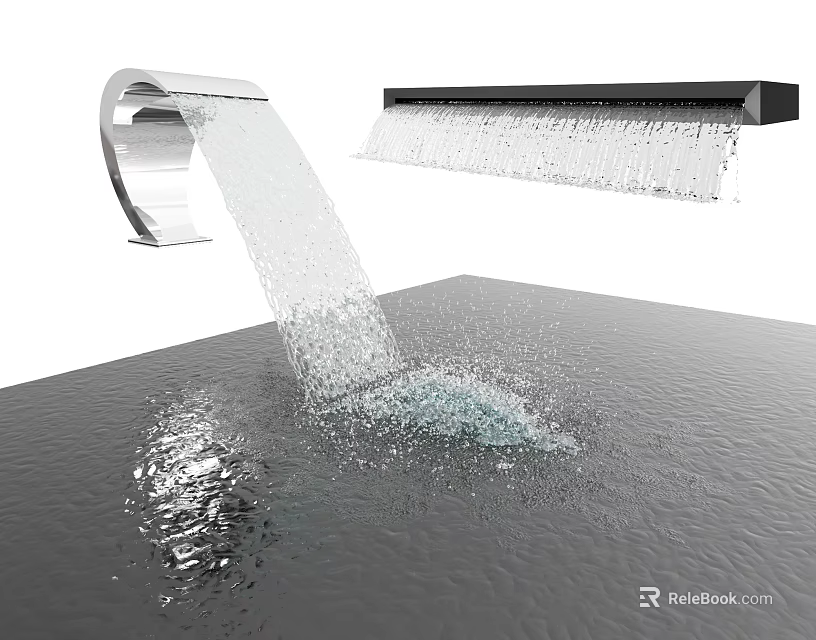 Modern Fountain Design With Curved And Linear Water Flow Splashing On Reflective Surface 3d model 