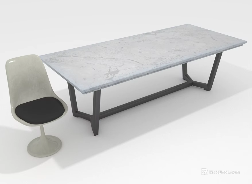 Modern Marble Top Dining Table With Black Metal Legs And Grey Chair 3d model 