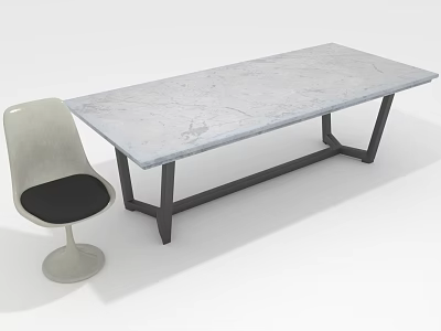 Modern Marble Top Dining Table With Black Metal Legs And Grey Chair 3d model