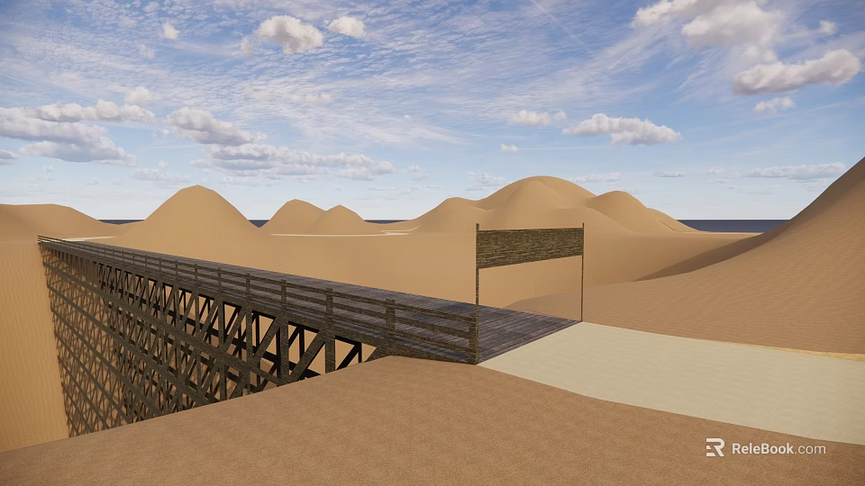 Landscape Bridge in Desert With Sand Dunes Wooden Railings and White Clouds Sky 3d model 