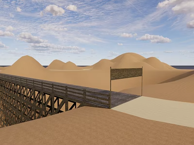Landscape Bridge in Desert With Sand Dunes Wooden Railings and White Clouds Sky 3d model