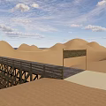 Landscape Bridge in Desert With Sand Dunes Wooden Railings and White Clouds Sky