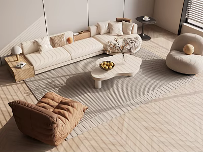 Modern Cream Sofa And Coffee Table Set With Throw Pillows Accent Chair And Area Rug 3d model
