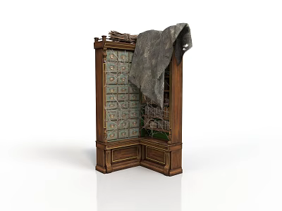 Vintage Wooden Cabinet With Multiple Drawers Decorative Branches On Top Cloth Draped And Intricate Design 3d model