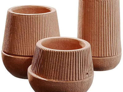 Handcrafted Terracotta Ceramic Vessels With Vertical Stripes For Modern Home Decor 3d model