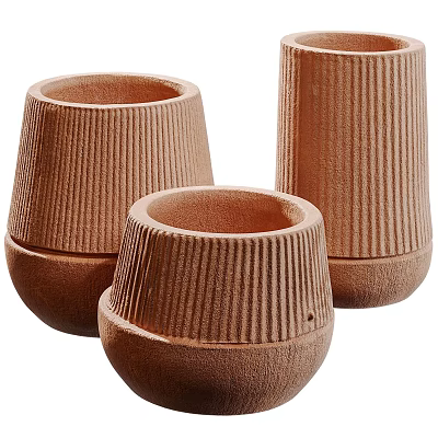 Handcrafted Terracotta Ceramic Vessels With Vertical Stripes For Modern Home Decor 3d model