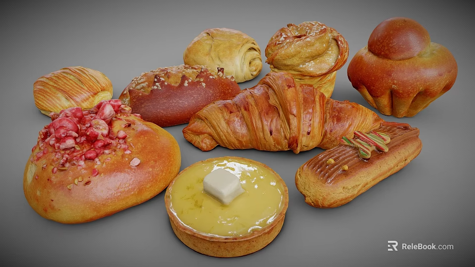 Fresh Assorted Breads And Pastries With Croissant Tart And Strawberry Topping 3d model 