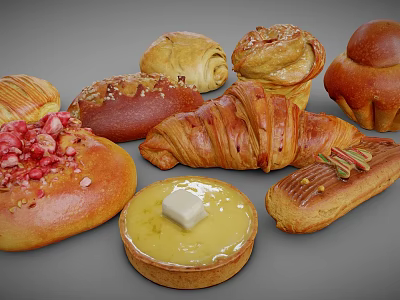 Fresh Assorted Breads And Pastries With Croissant Tart And Strawberry Topping 3d model