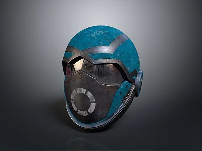 Teal Metallic Combat Helmet With Face Mask And Structured Protective Design 3d model