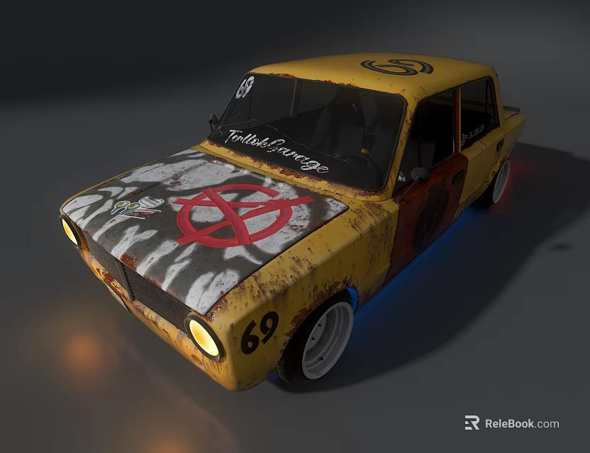 Yellow Vintage Car With Graffiti Peace Sign Treadmill Garage Number 62 White Wheels 3d model 