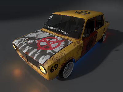 Yellow Vintage Car With Graffiti Peace Sign Treadmill Garage Number 62 White Wheels 3d model