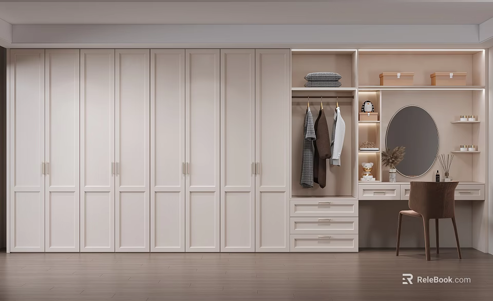 Modern White Wardrobe Interior Design With Panel Doors Clothing Rack Drawers And Mirror 3d model 